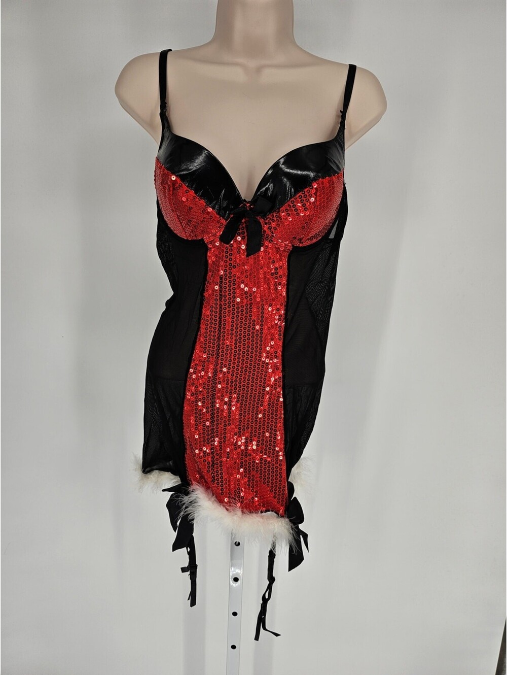 Vintage Y2K Tarea by Rue 21 Nightie Black Faux Leather Red Sequin Fur Trim 36D